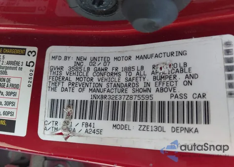 2007 Toyota Corolla Le из США, поврежденный, VIN 1NXBR32E37Z875595